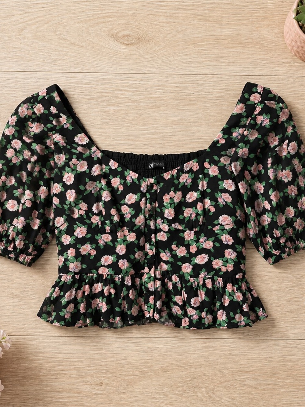 Zara Black Crop Blouse with Pink Floral Print